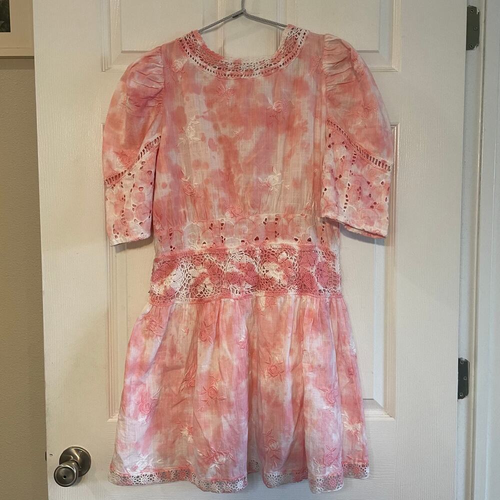 LoveShackFancy Divine Bloom Embroidery Mini Dress  in Pink Tye Dye Size 10 - Picture 2 of 15